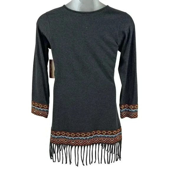 Scully NWT Women Dress S Gray Aztec Tribal Fringe Trim Sheath Long Sleeve Native - Picture 2 of 16